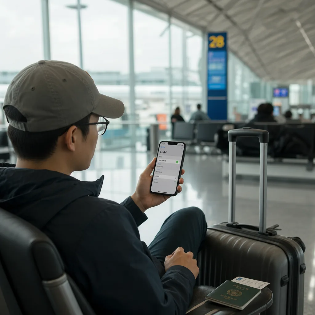 해외여행 eSIM 추천 설정 화면을 확인하는 여행자