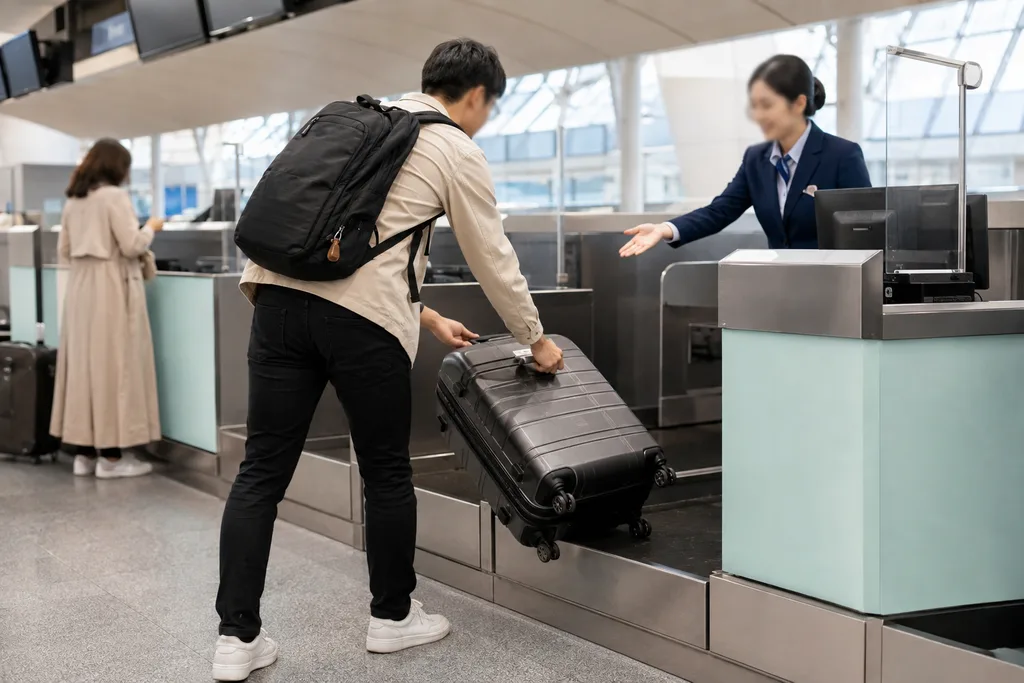 공항 체크인카운터에서 위탁수하물을 맡기는 과정