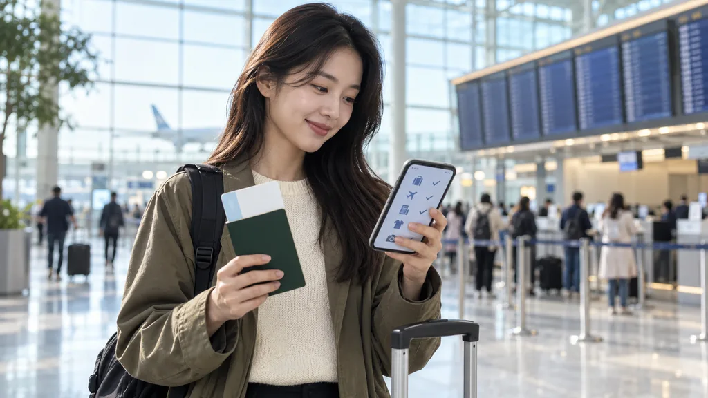 여권과 탑승권, 스마트폰으로 입국 규정을 확인하는 여행자